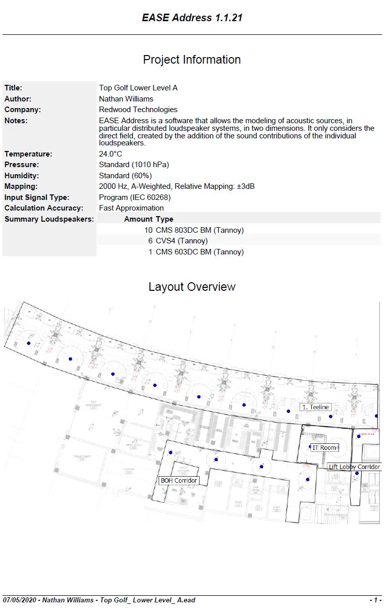Floor-plan drawing of a loudspeaker layout with seating and listening positions marked.