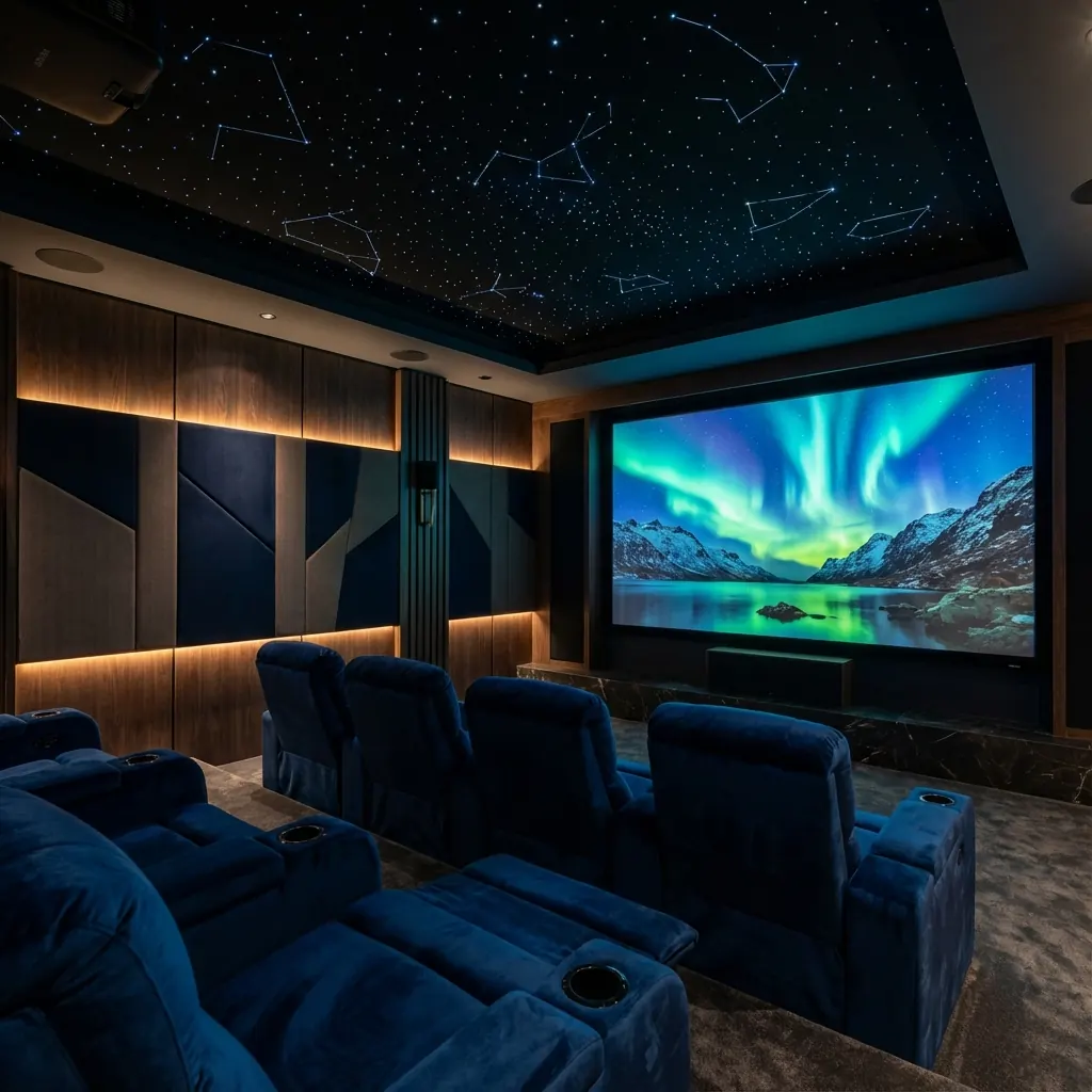 Private cinema room with a large projection screen, tiered seating, acoustic wall panels, and a lit ceiling.
