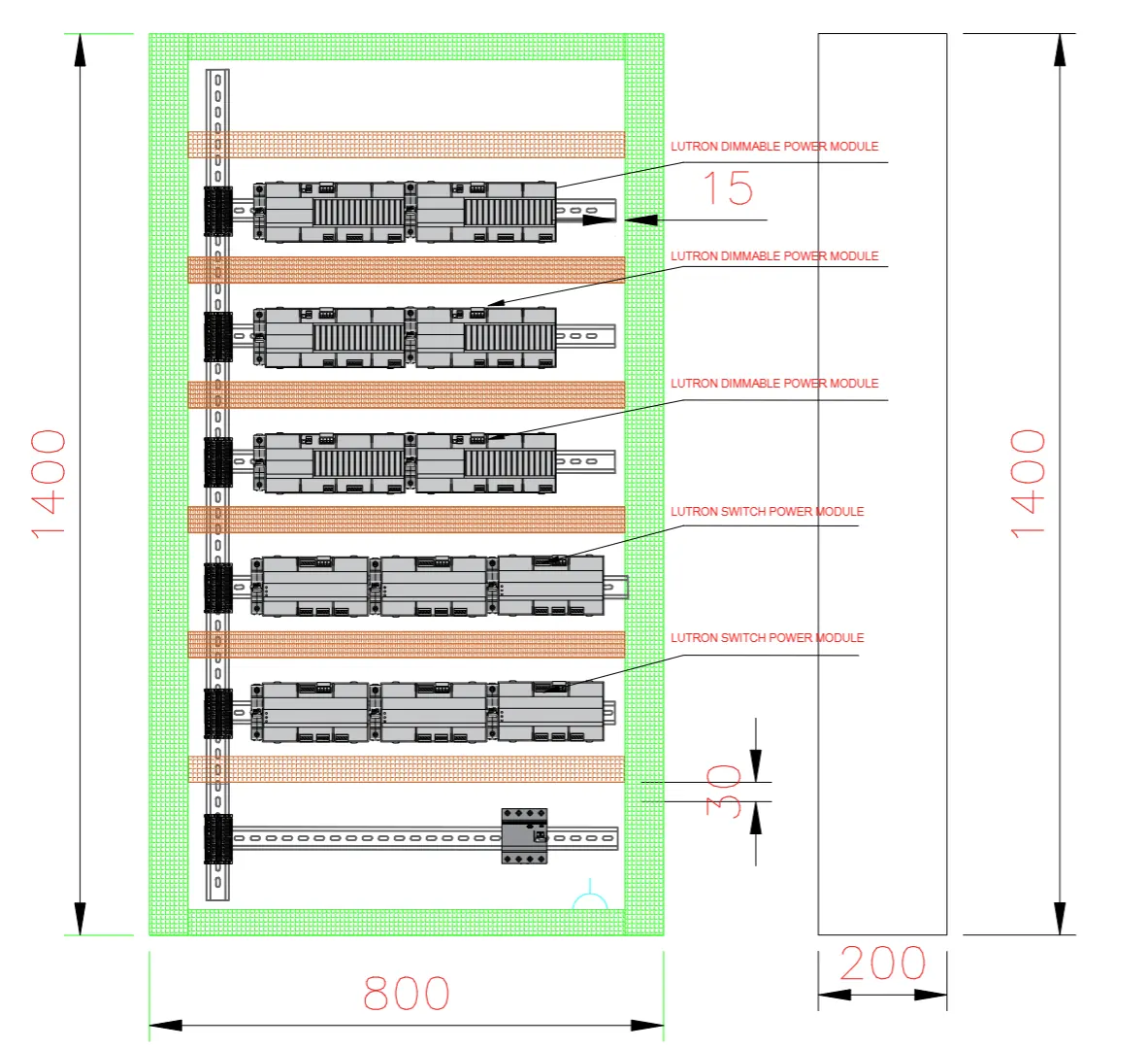 Technical elevation of a wall panel layout for cinema control.