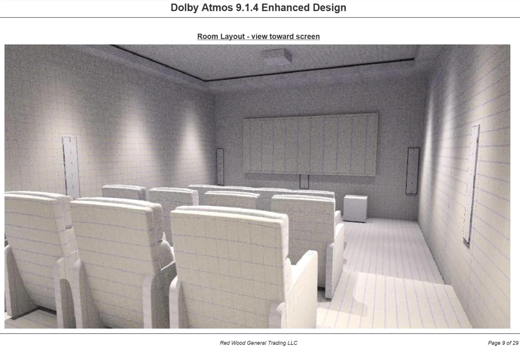 Study model of a private cinema showing the screen, seating rows, and surround speakers.